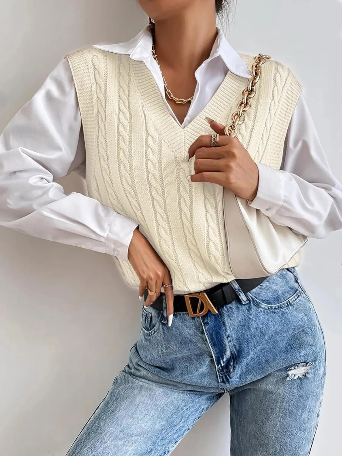 Spicy Sandia Women's V Neck Sweater Vest Oversized Sleeveless Cable-Knit Tops Chunky Loose Casual for Fall Winter
