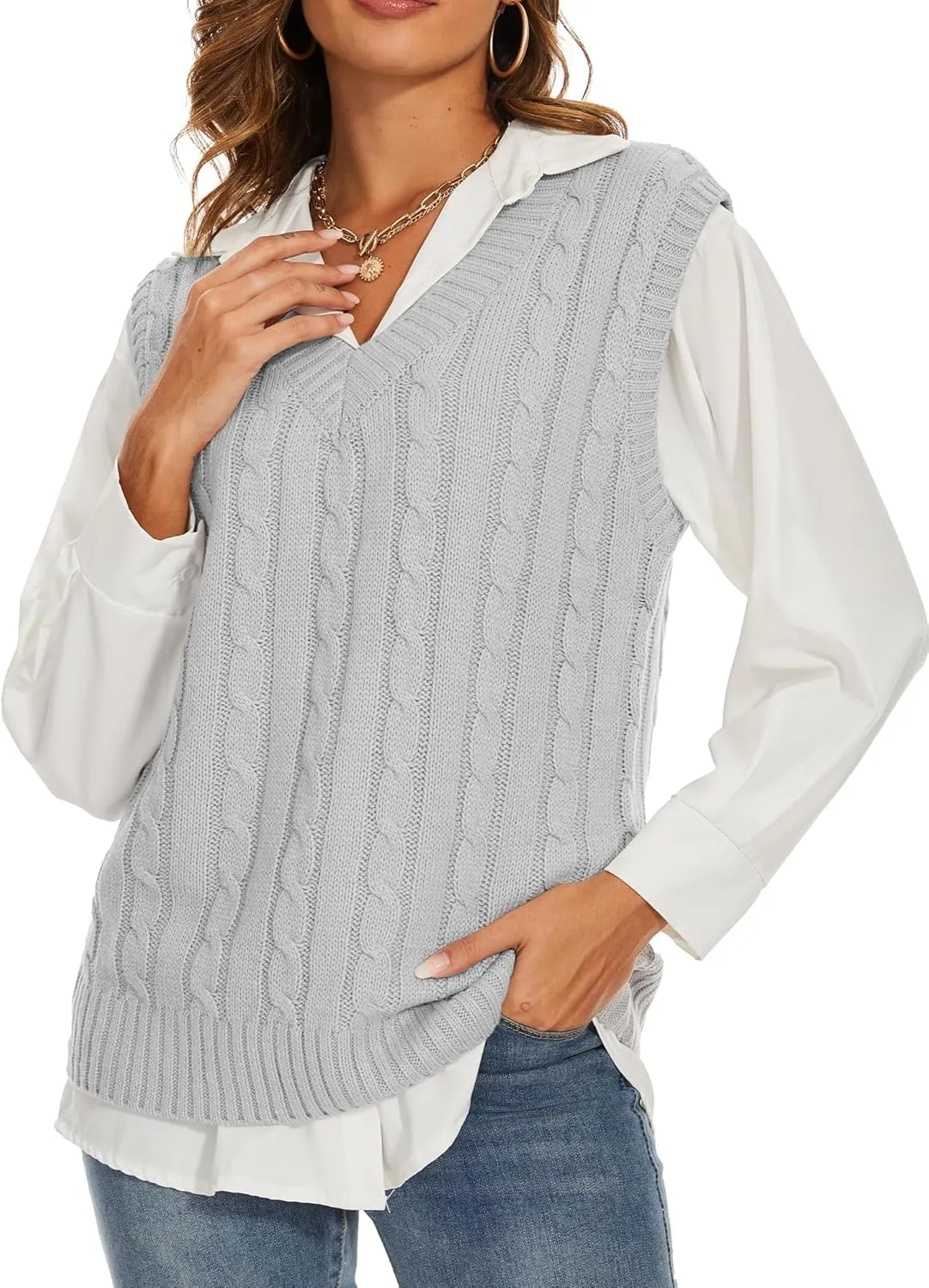 Spicy Sandia Women's V Neck Sweater Vest Oversized Sleeveless Cable-Knit Tops Chunky Loose Casual for Fall Winter