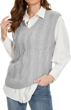 Spicy Sandia Women's V Neck Sweater Vest Oversized Sleeveless Cable-Knit Tops Chunky Loose Casual for Fall Winter