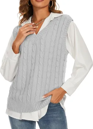 Spicy Sandia Women's V Neck Sweater Vest Oversized Sleeveless Cable-Knit Tops Chunky Loose Casual for Fall Winter