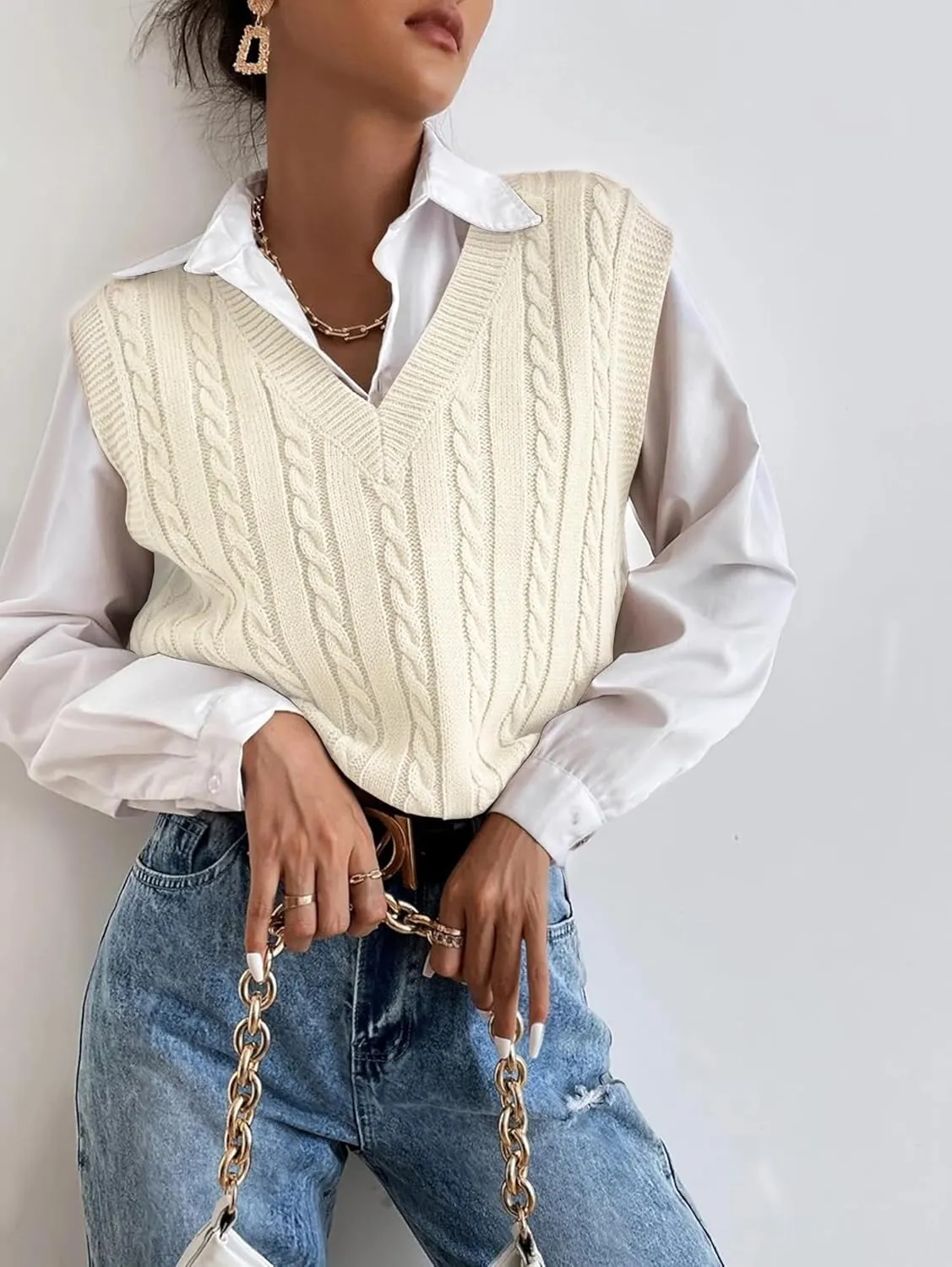 Spicy Sandia Women's V Neck Sweater Vest Oversized Sleeveless Cable-Knit Tops Chunky Loose Casual for Fall Winter