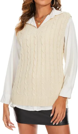 Spicy Sandia Women's V Neck Sweater Vest Oversized Sleeveless Cable-Knit Tops Chunky Loose Casual for Fall Winter