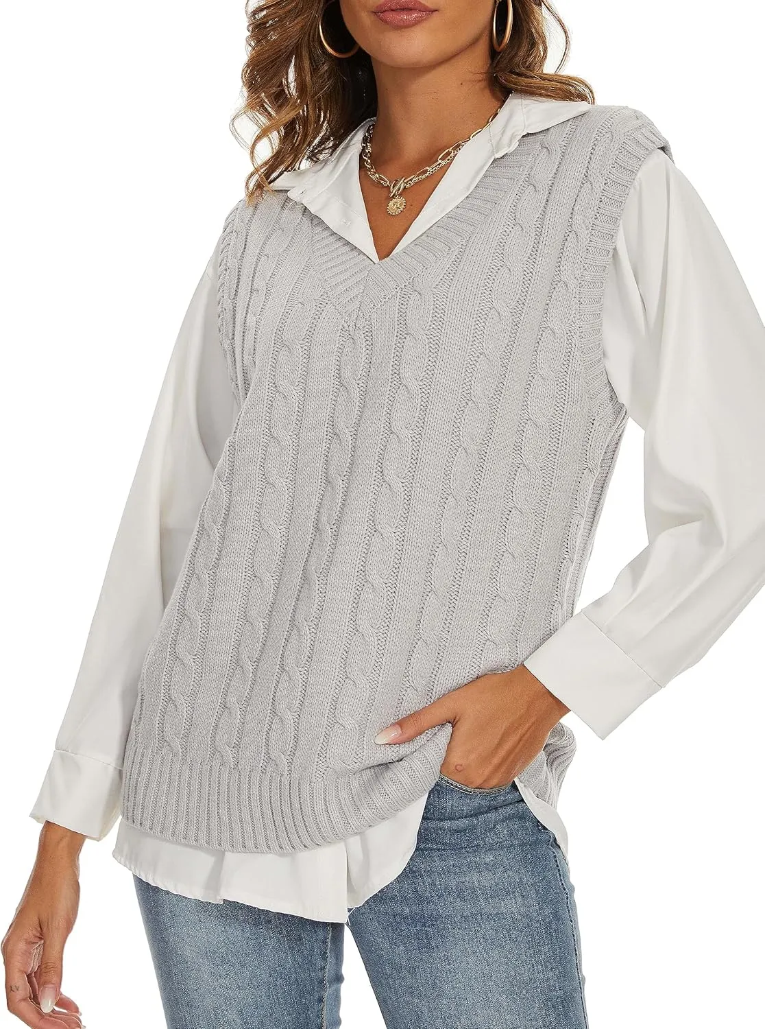Spicy Sandia Women's V Neck Sweater Vest Oversized Sleeveless Cable-Knit Tops Chunky Loose Casual for Fall Winter