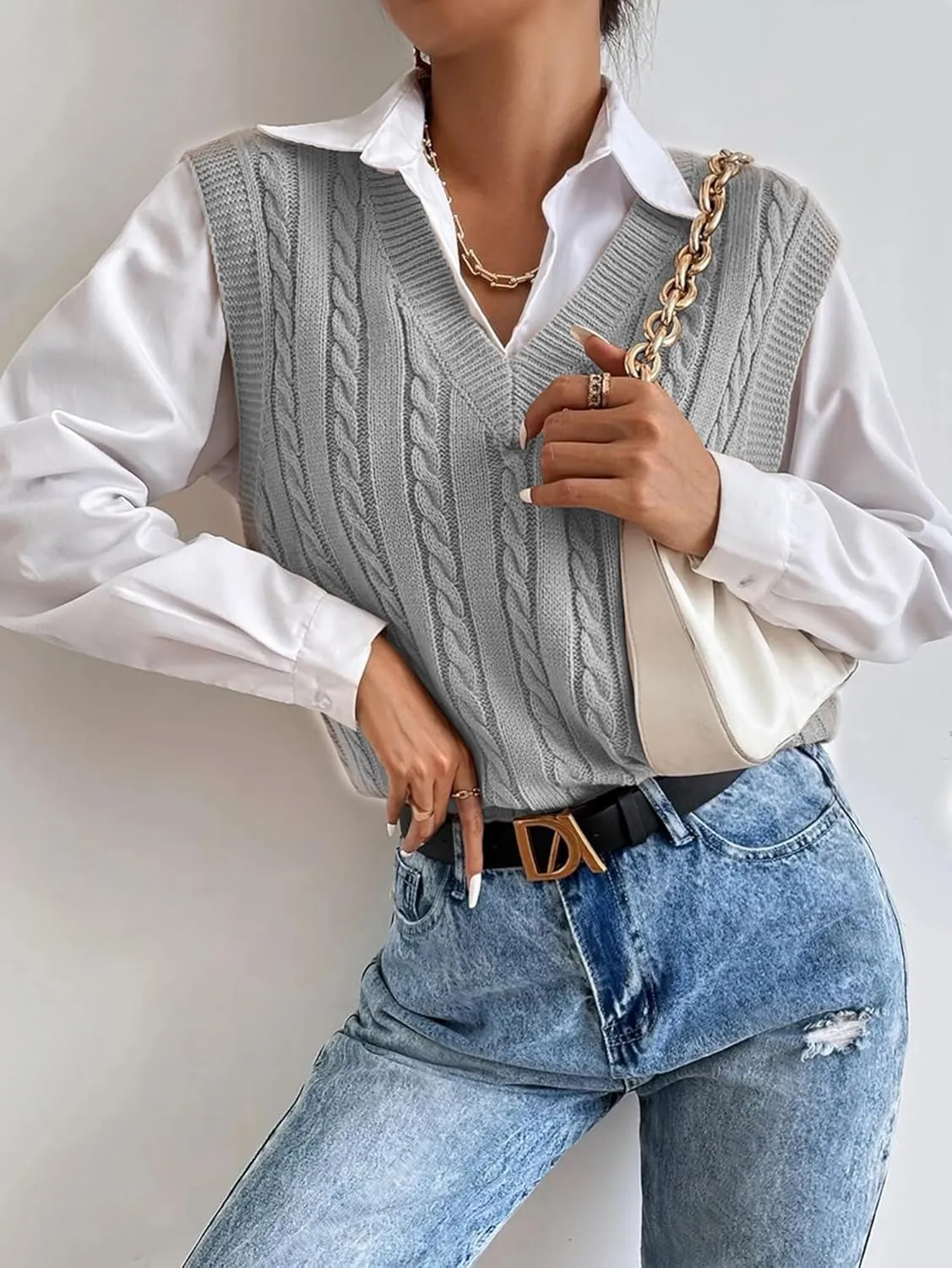 Spicy Sandia Women's V Neck Sweater Vest Oversized Sleeveless Cable-Knit Tops Chunky Loose Casual for Fall Winter