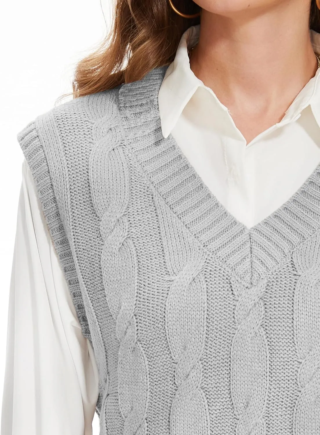 Spicy Sandia Women's V Neck Sweater Vest Oversized Sleeveless Cable-Knit Tops Chunky Loose Casual for Fall Winter