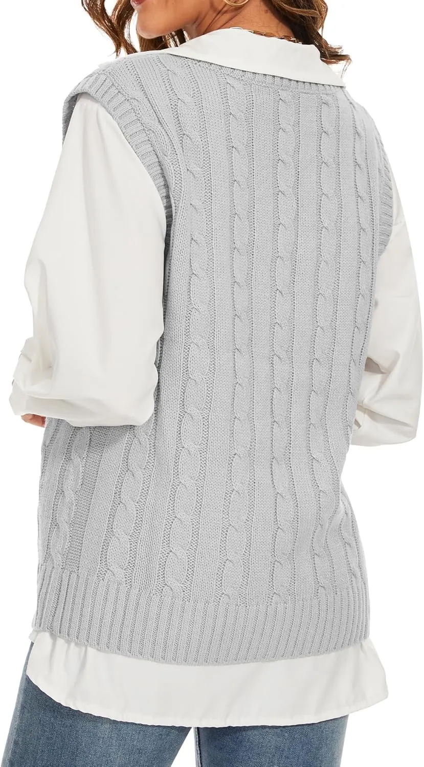 Spicy Sandia Women's V Neck Sweater Vest Oversized Sleeveless Cable-Knit Tops Chunky Loose Casual for Fall Winter
