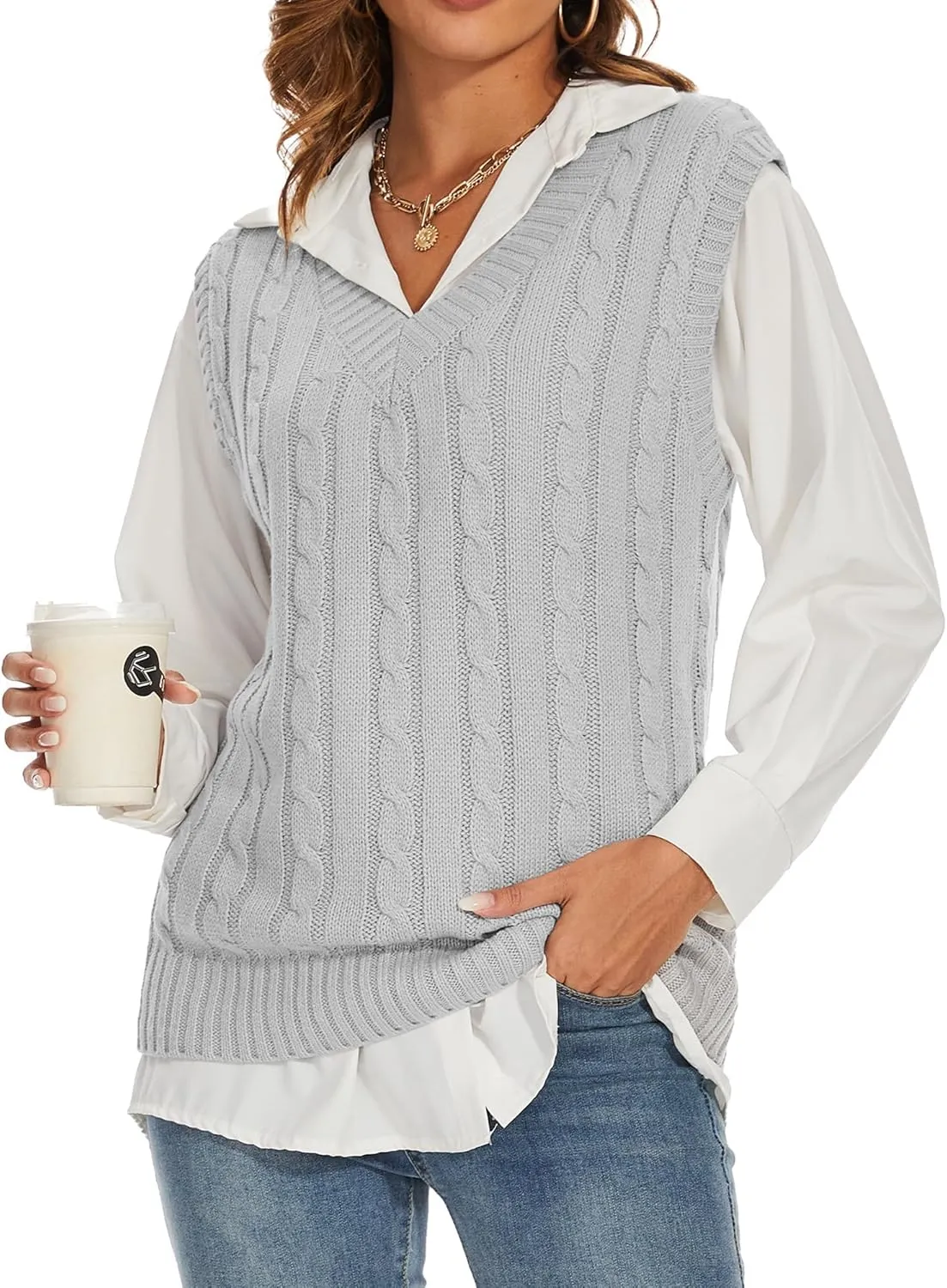 Spicy Sandia Women's V Neck Sweater Vest Oversized Sleeveless Cable-Knit Tops Chunky Loose Casual for Fall Winter