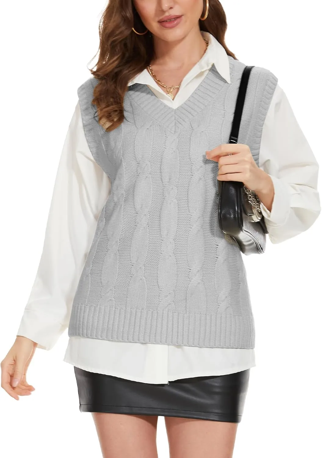 Spicy Sandia Women's V Neck Sweater Vest Oversized Sleeveless Cable-Knit Tops Chunky Loose Casual for Fall Winter