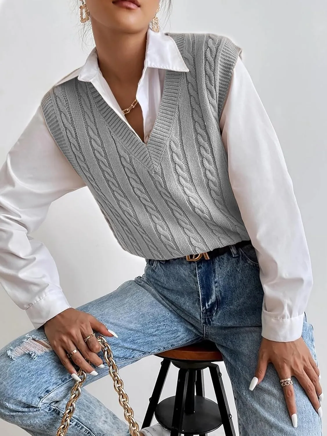 Spicy Sandia Women's V Neck Sweater Vest Oversized Sleeveless Cable-Knit Tops Chunky Loose Casual for Fall Winter