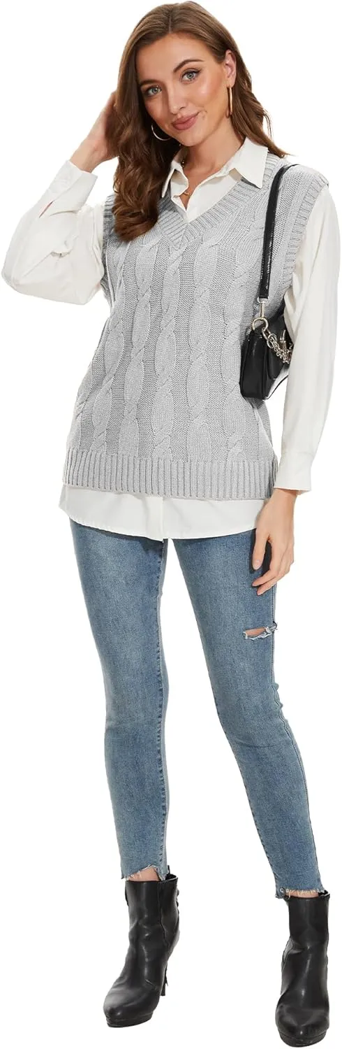Spicy Sandia Women's V Neck Sweater Vest Oversized Sleeveless Cable-Knit Tops Chunky Loose Casual for Fall Winter