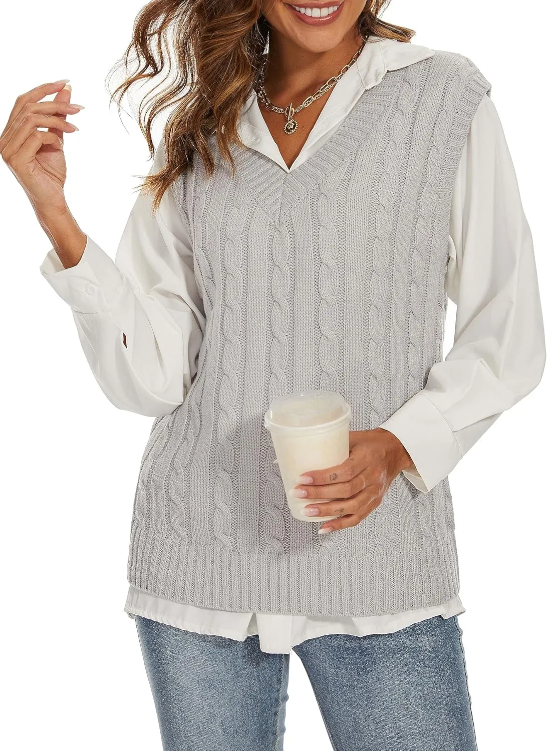 Spicy Sandia Women's V Neck Sweater Vest Oversized Sleeveless Cable-Knit Tops Chunky Loose Casual for Fall Winter