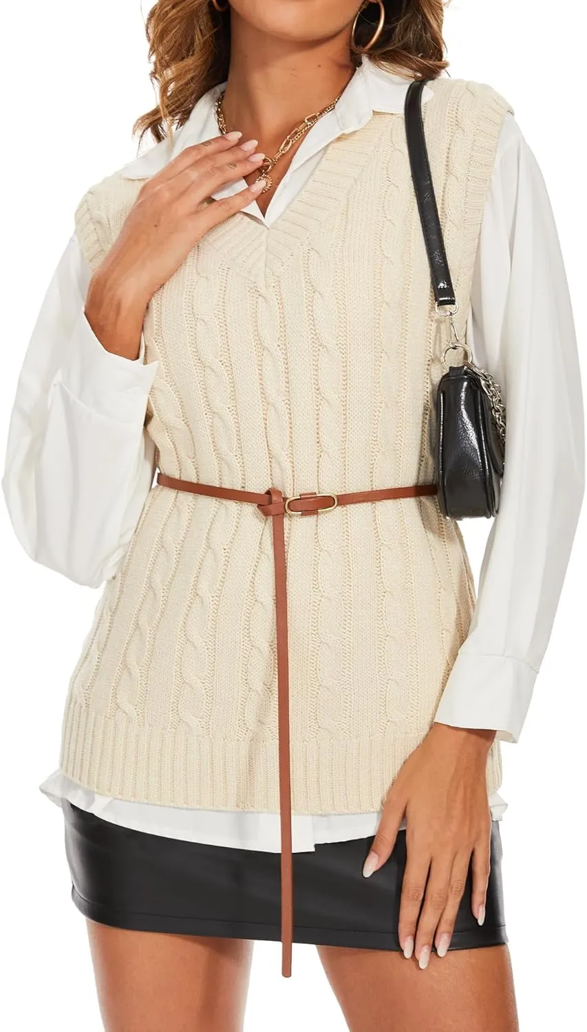 Spicy Sandia Women's V Neck Sweater Vest Oversized Sleeveless Cable-Knit Tops Chunky Loose Casual for Fall Winter