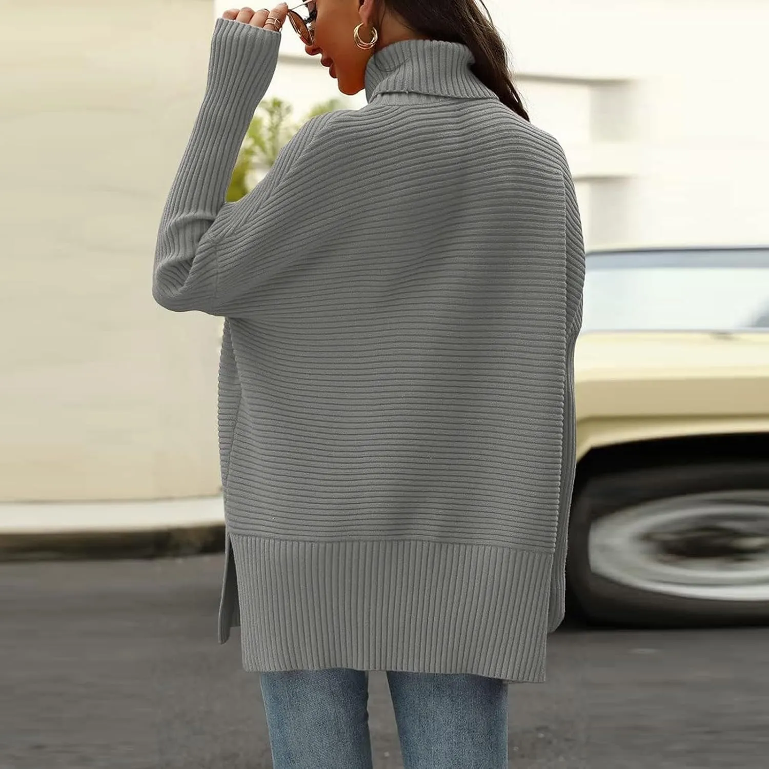 Sweaters for Women Casual Solid Ribbed Sweater Long Sleeve Turtleneck Pullover Fall Oversized Side Split Hem Shirts