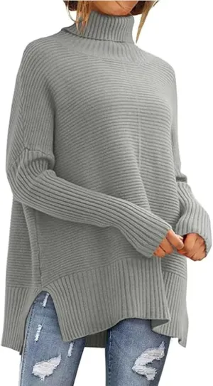 Sweaters for Women Casual Solid Ribbed Sweater Long Sleeve Turtleneck Pullover Fall Oversized Side Split Hem Shirts