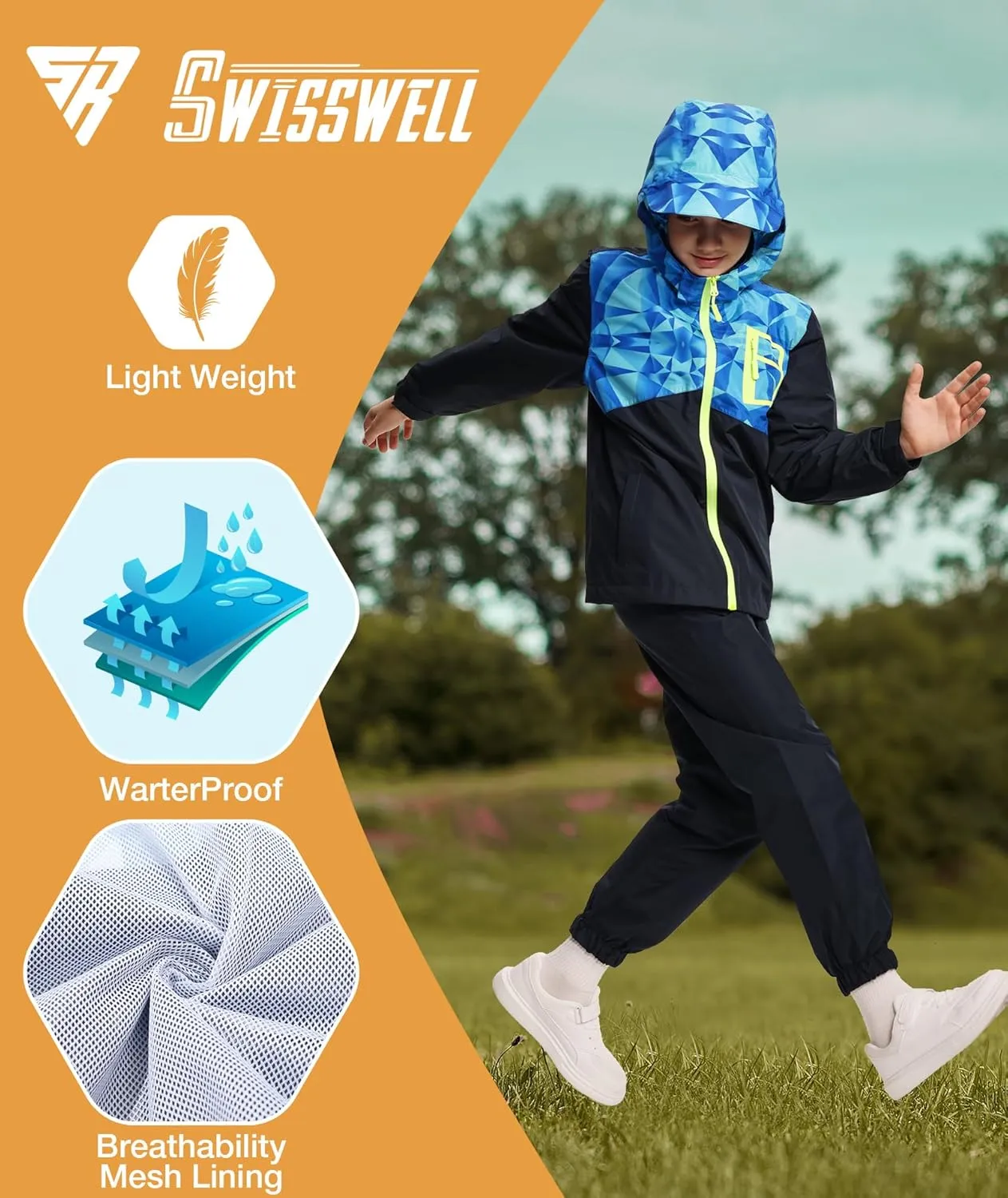 SWISSWELL Kid's Rain Jacket Youth Boys and Girls Lightweight Waterproof with Detachable Hooded Raincoat for School