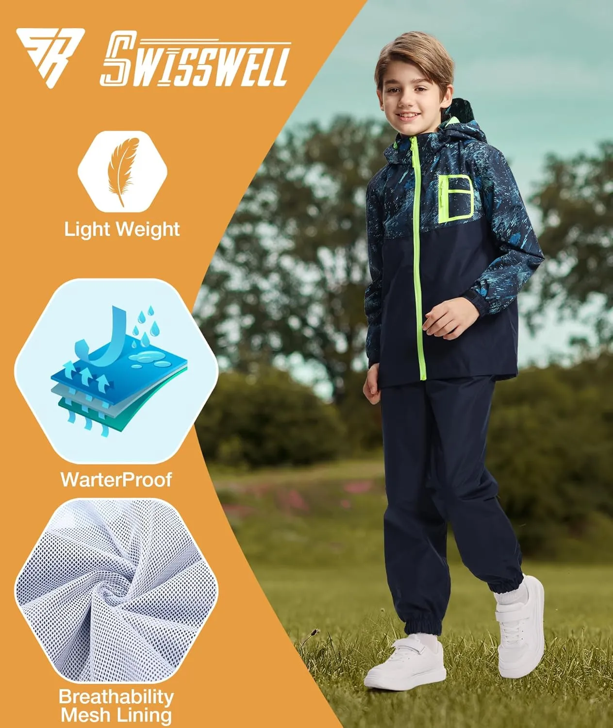 SWISSWELL Kid's Rain Jacket Youth Boys and Girls Lightweight Waterproof with Detachable Hooded Raincoat for School