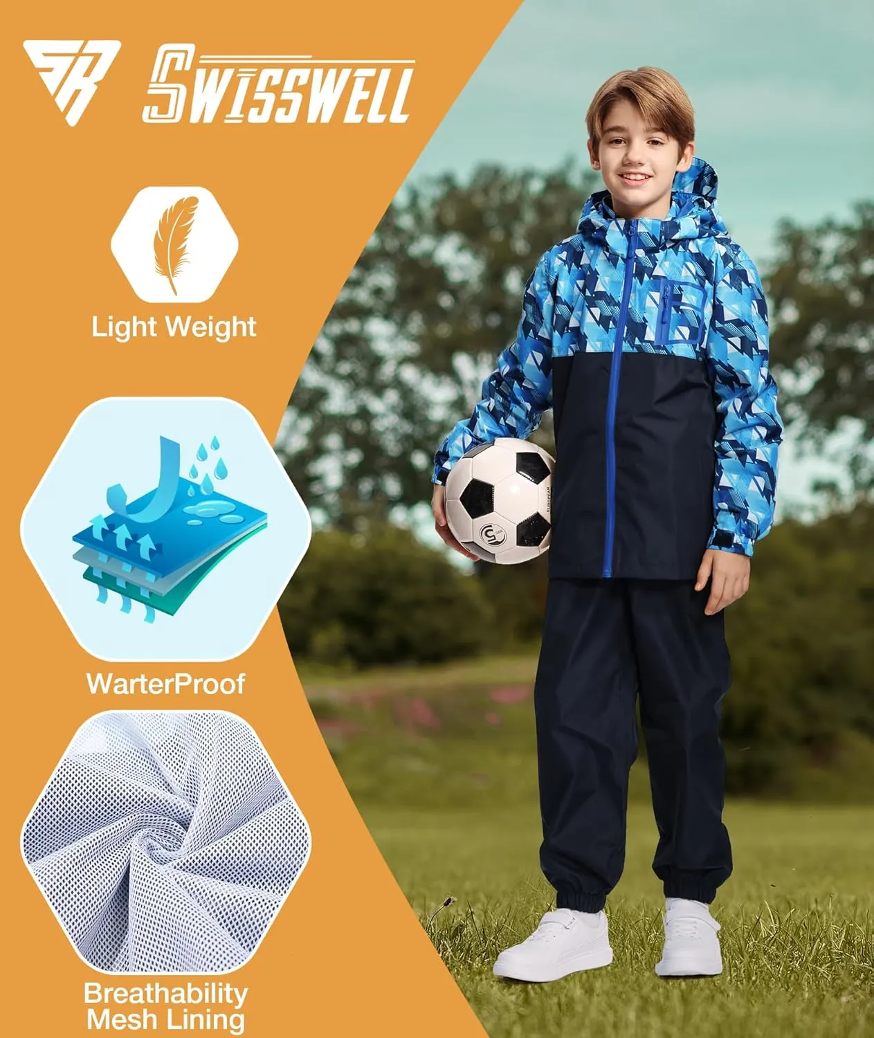 SWISSWELL Kid's Rain Jacket Youth Boys and Girls Lightweight Waterproof with Detachable Hooded Raincoat for School