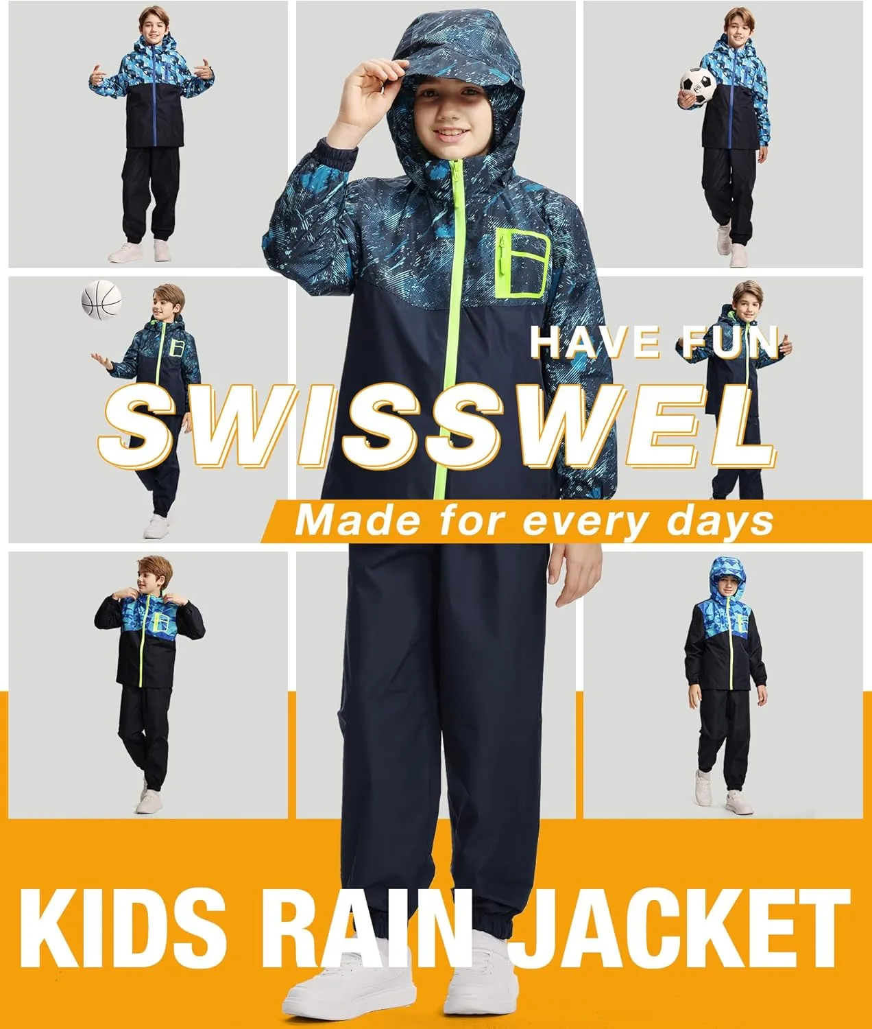 SWISSWELL Kid's Rain Jacket Youth Boys and Girls Lightweight Waterproof with Detachable Hooded Raincoat for School