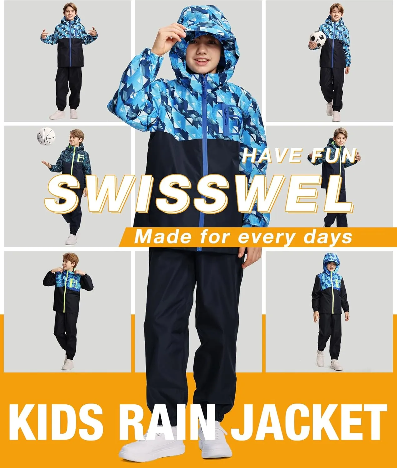 SWISSWELL Kid's Rain Jacket Youth Boys and Girls Lightweight Waterproof with Detachable Hooded Raincoat for School