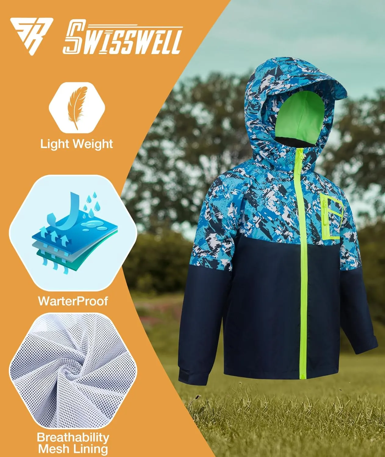 SWISSWELL Kid's Rain Jacket Youth Boys and Girls Lightweight Waterproof with Detachable Hooded Raincoat for School