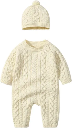 ToddlBy Unisex Baby Girl Boy Knitted Sweater Romper Jumpsuit Long Sleeve Solid Cable Knit Playsuit (Beige, 0-3 Months) c1832w