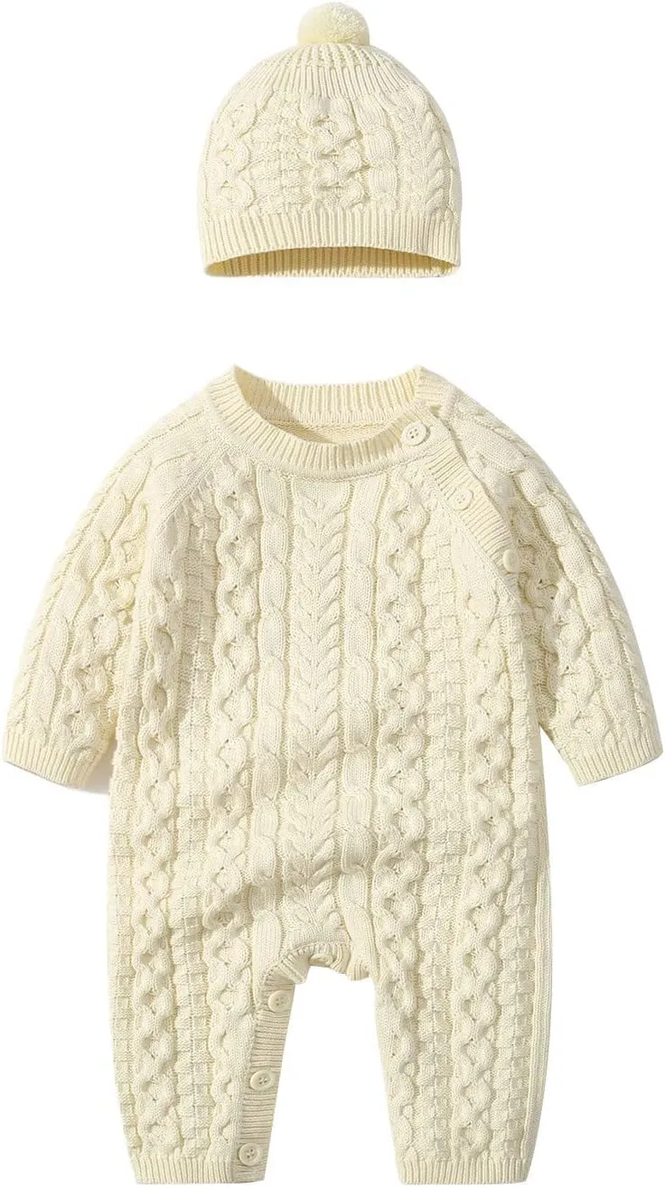 ToddlBy Unisex Baby Girl Boy Knitted Sweater Romper Jumpsuit Long Sleeve Solid Cable Knit Playsuit (Beige, 0-3 Months) c1832w