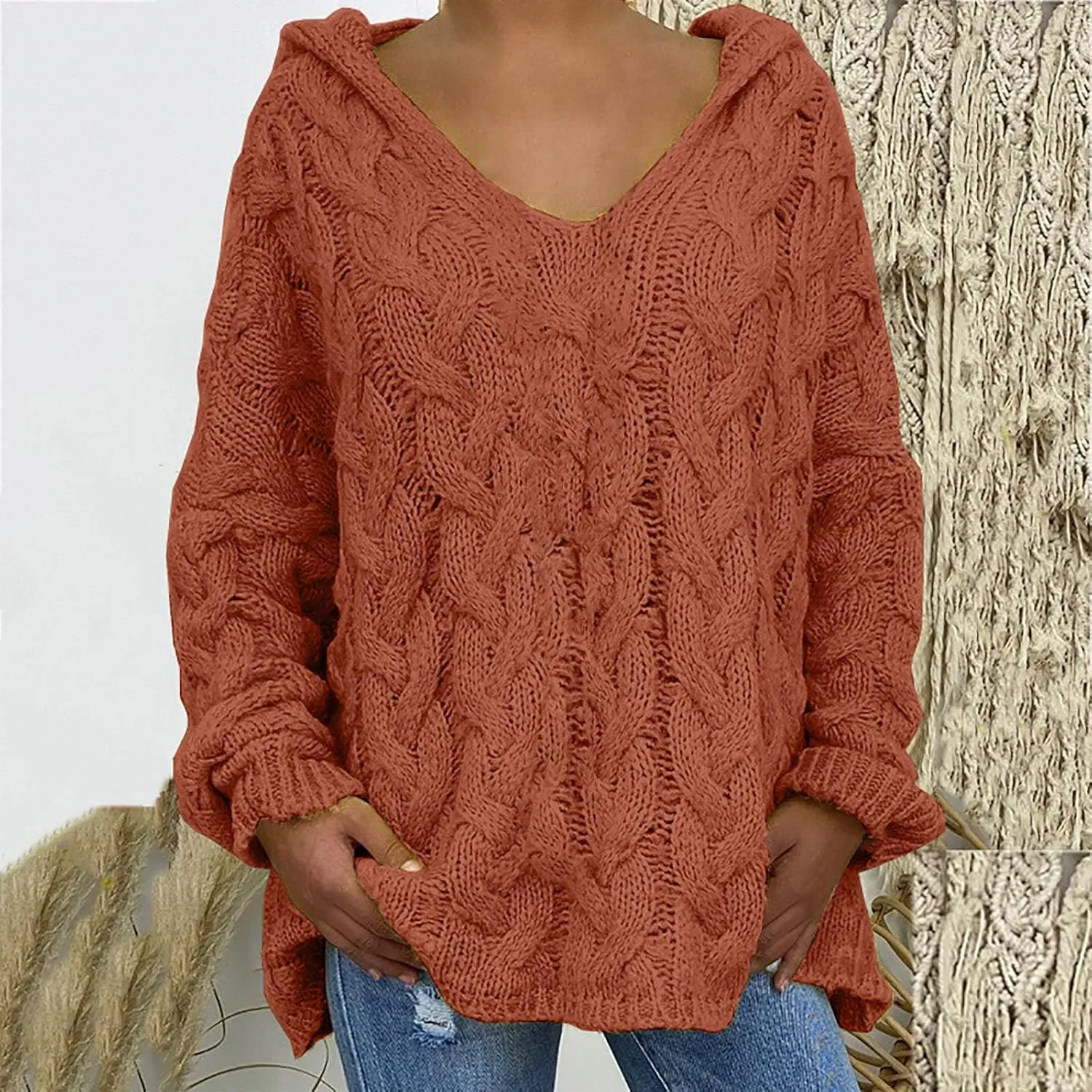 Women Chunky Cable Knit Hooded Sweater, Solid Color V-Neck Casual Pullover Long Sleeve Oversized Comfy Sweaters Top