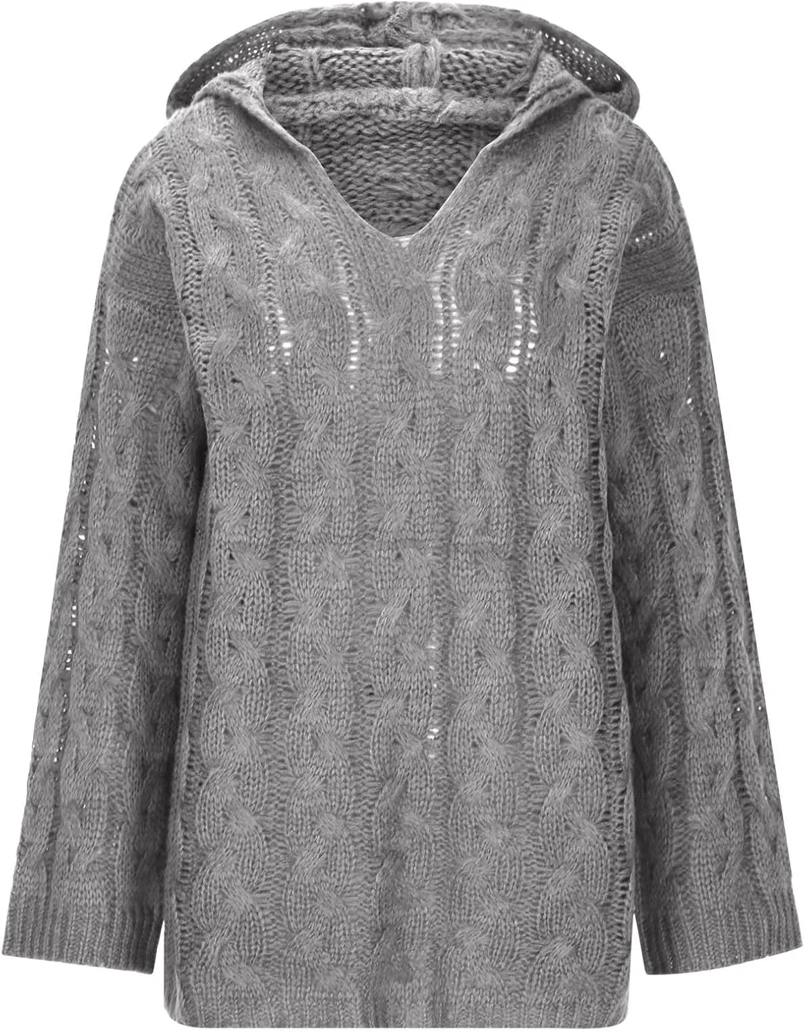 Women Chunky Cable Knit Hooded Sweater, Solid Color V-Neck Casual Pullover Long Sleeve Oversized Comfy Sweaters Top