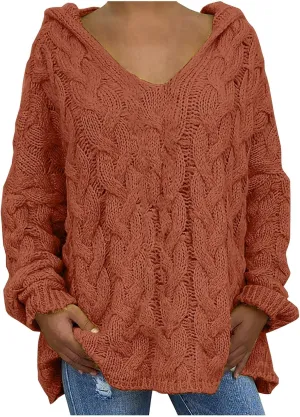 Women Chunky Cable Knit Hooded Sweater, Solid Color V-Neck Casual Pullover Long Sleeve Oversized Comfy Sweaters Top
