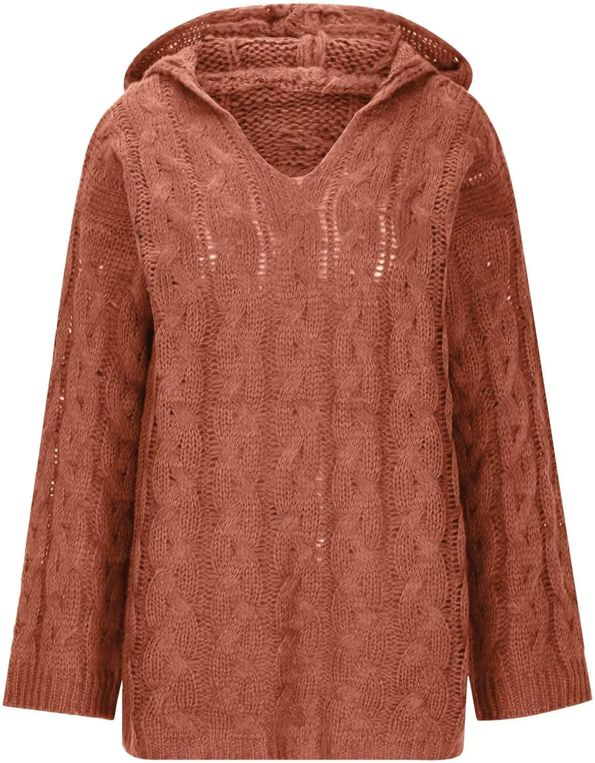 Women Chunky Cable Knit Hooded Sweater, Solid Color V-Neck Casual Pullover Long Sleeve Oversized Comfy Sweaters Top