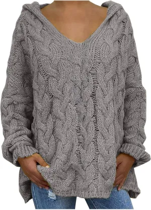 Women Chunky Cable Knit Hooded Sweater, Solid Color V-Neck Casual Pullover Long Sleeve Oversized Comfy Sweaters Top