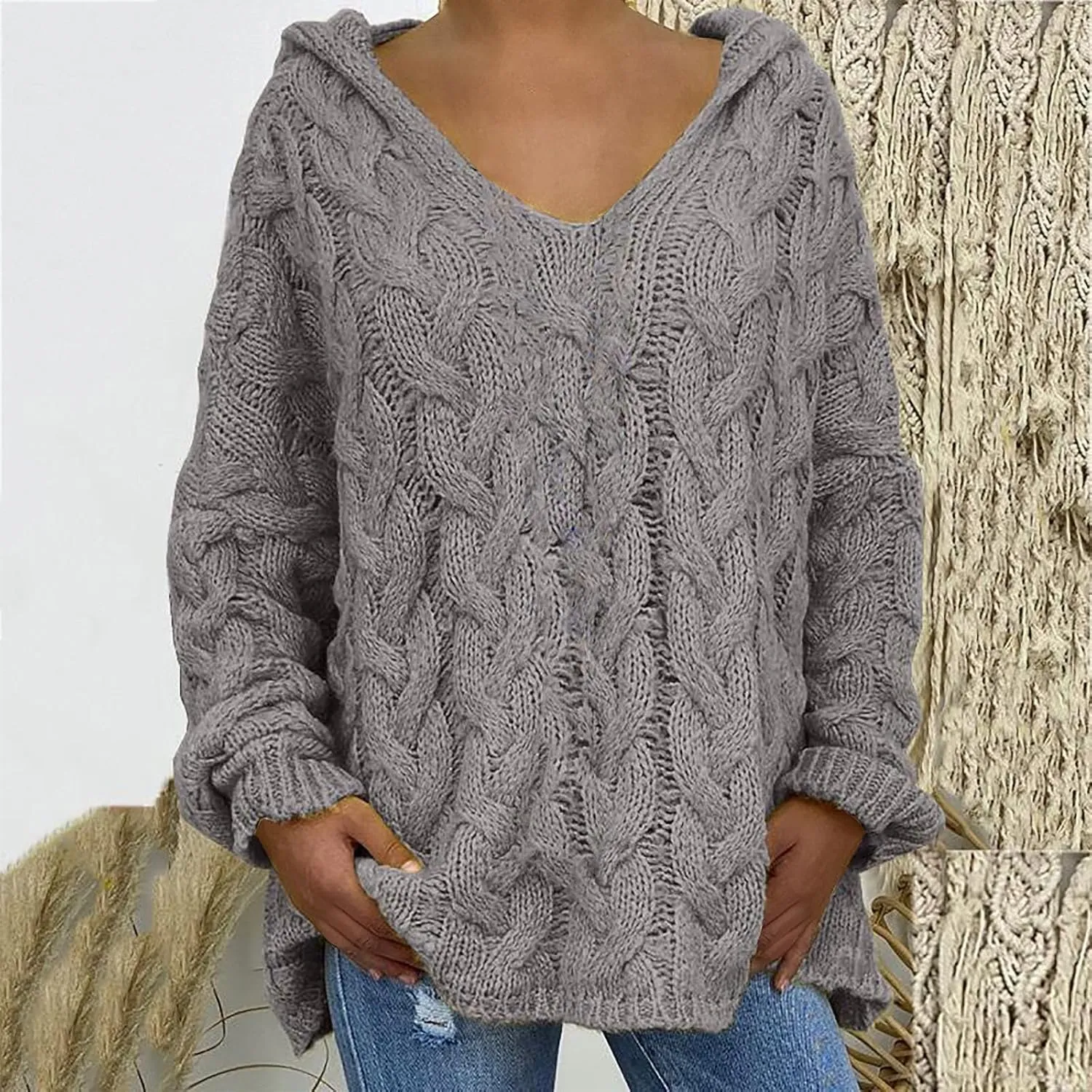 Women Chunky Cable Knit Hooded Sweater, Solid Color V-Neck Casual Pullover Long Sleeve Oversized Comfy Sweaters Top