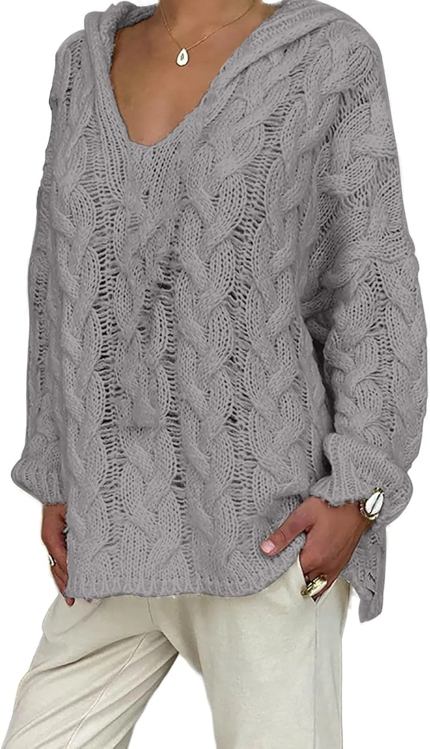 Women Chunky Cable Knit Hooded Sweater, Solid Color V-Neck Casual Pullover Long Sleeve Oversized Comfy Sweaters Top
