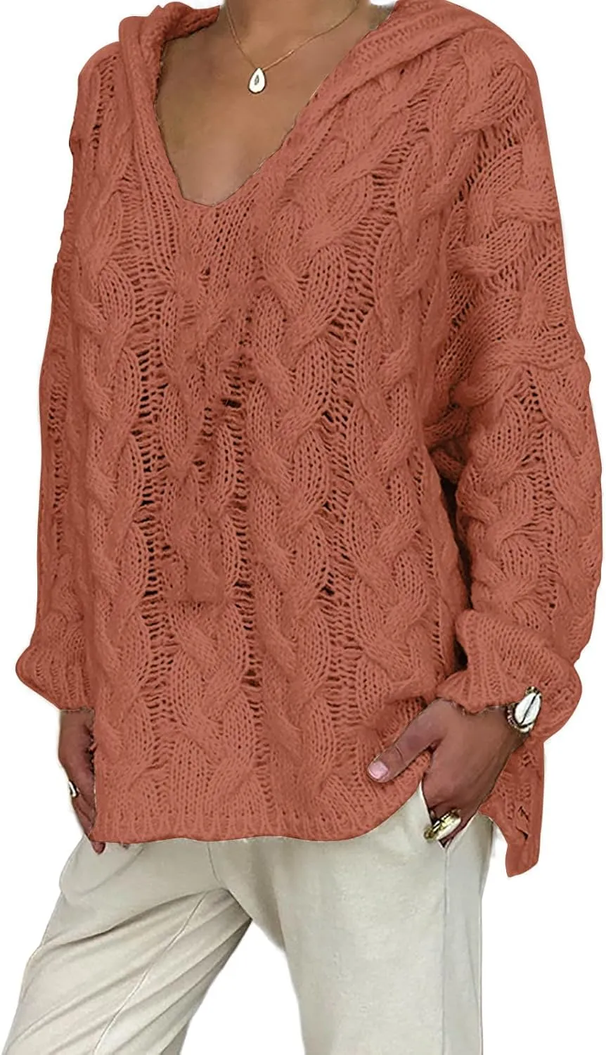 Women Chunky Cable Knit Hooded Sweater, Solid Color V-Neck Casual Pullover Long Sleeve Oversized Comfy Sweaters Top