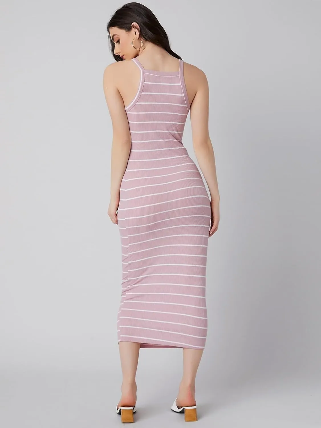Women's 2024 Summer Cami Slip Midi Long Dress Rib-Knit Striped Dress