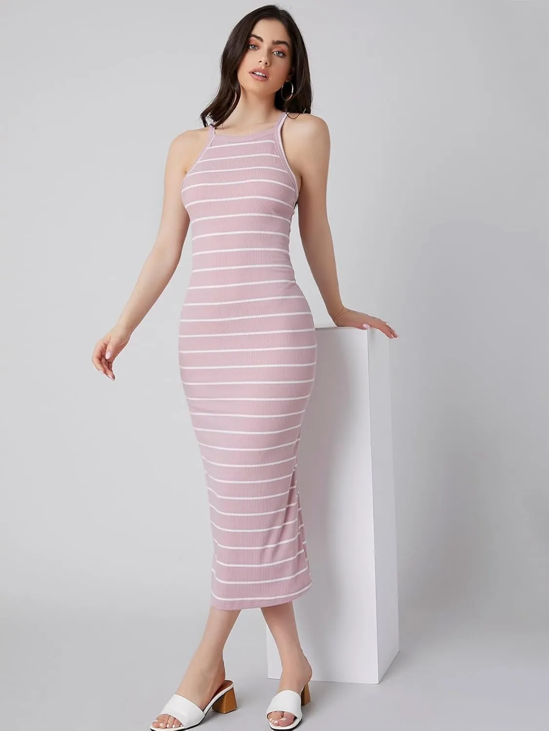 Women's 2024 Summer Cami Slip Midi Long Dress Rib-Knit Striped Dress