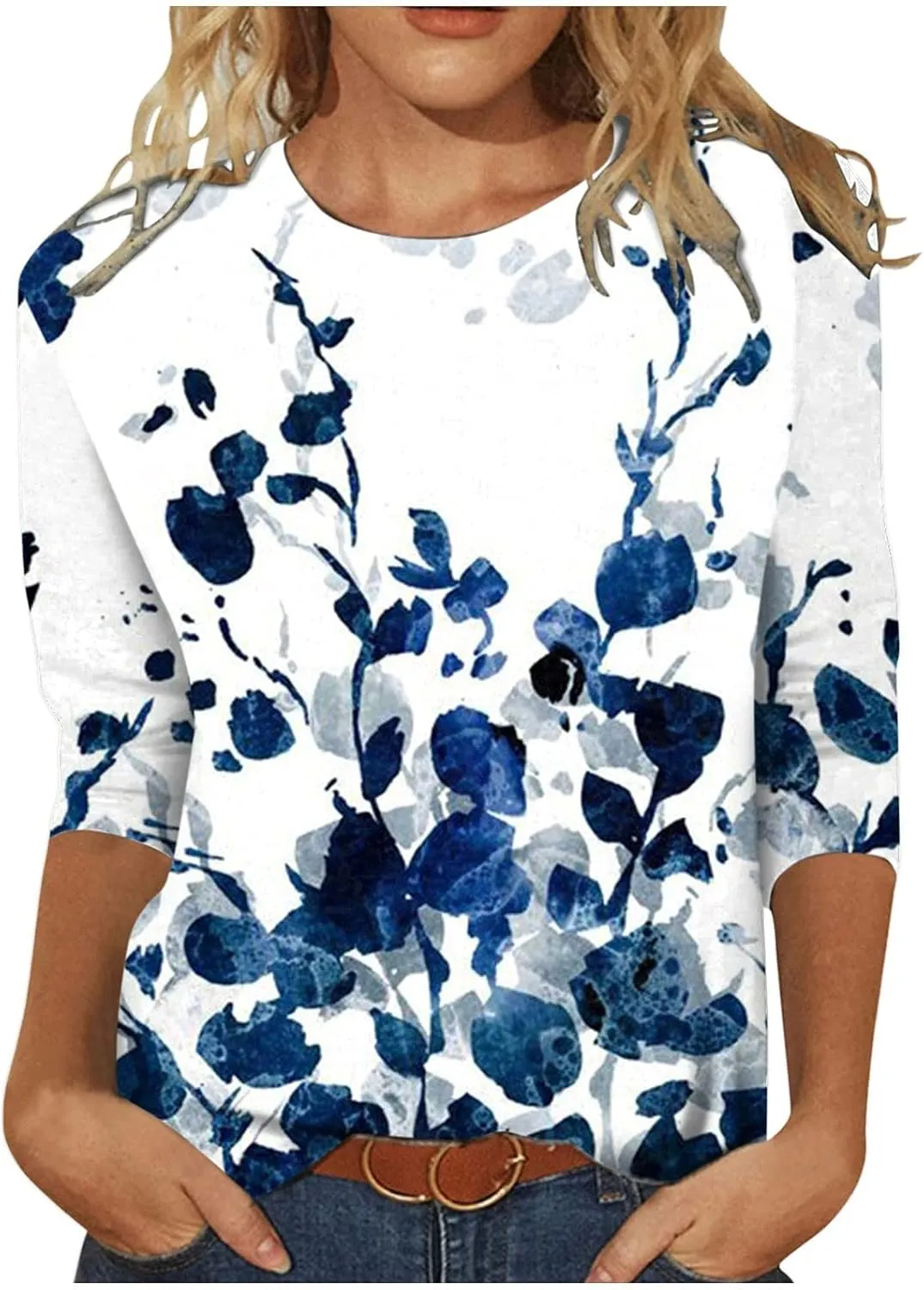 Womens 3/4 Length Sleeve Tops 2024, Valentines and Casual Fashion Style Shirts Crew Neck Loose-Fitting Blouses