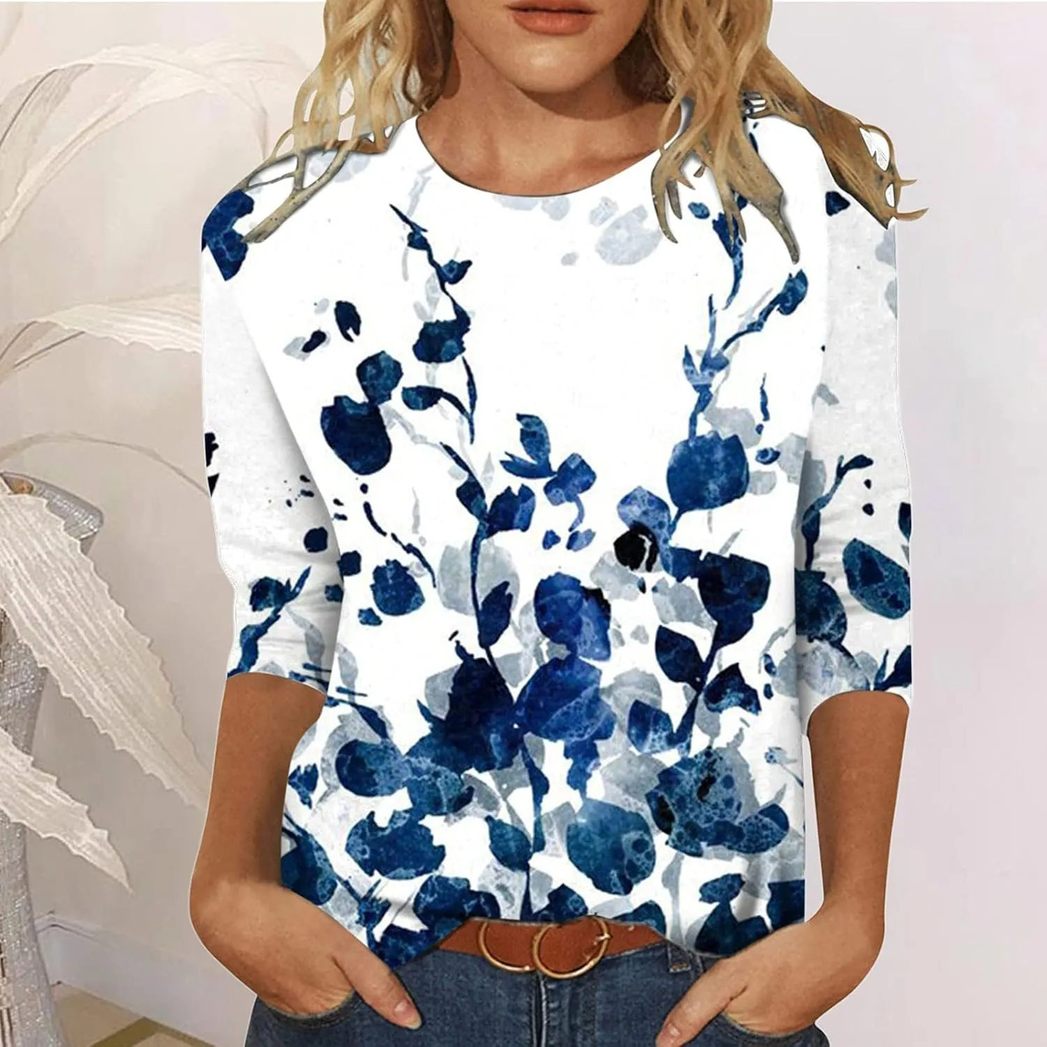 Womens 3/4 Length Sleeve Tops 2024, Valentines and Casual Fashion Style Shirts Crew Neck Loose-Fitting Blouses
