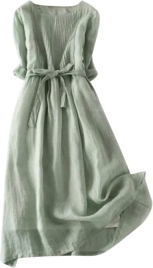 Women's Korean Style Dress Summer 2024 Causal Cotton Linen Lace-Up Tshirt Dress Flowy Short Sleeve A-Line Sundress