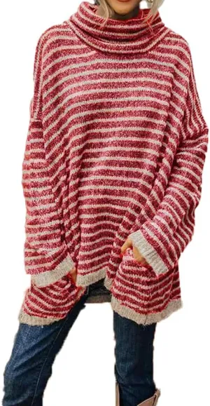 Womens Oversized Turtleneck Striped Sweater Long Sleeve Soft Warm Knit Pullover Sweaters Jumper Tops Fall Winter