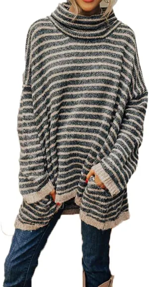 Womens Oversized Turtleneck Striped Sweater Long Sleeve Soft Warm Knit Pullover Sweaters Jumper Tops Fall Winter