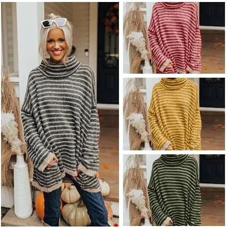 Womens Oversized Turtleneck Striped Sweater Long Sleeve Soft Warm Knit Pullover Sweaters Jumper Tops Fall Winter