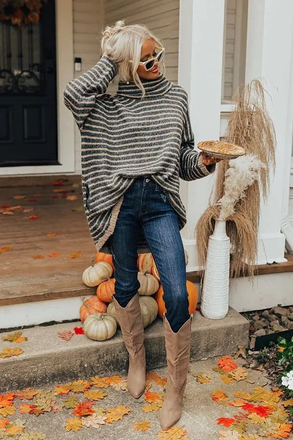 Womens Oversized Turtleneck Striped Sweater Long Sleeve Soft Warm Knit Pullover Sweaters Jumper Tops Fall Winter