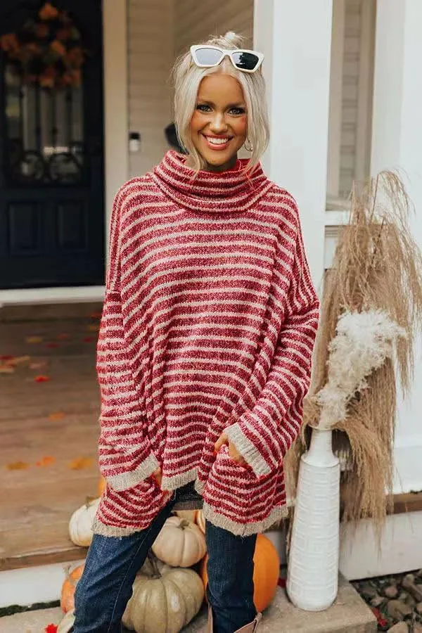 Womens Oversized Turtleneck Striped Sweater Long Sleeve Soft Warm Knit Pullover Sweaters Jumper Tops Fall Winter