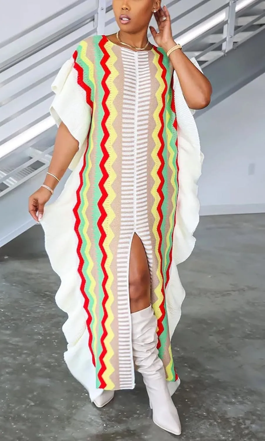 Women's Pullover Cable Knit Sweater Long Dress Short Sleeve Slit Ruffle Maxi Sweater Dress for Party
