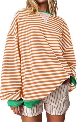Womens Sweatshirt Casual Striped Color Block Crewneck Pullover Tops Fleece Soft Cofmy Clothes 2024 Fshion Fall Tops