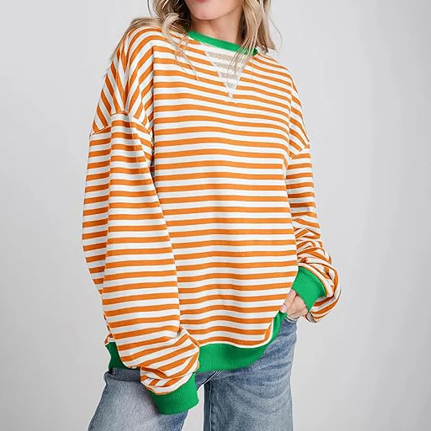 Womens Sweatshirt Casual Striped Color Block Crewneck Pullover Tops Fleece Soft Cofmy Clothes 2024 Fshion Fall Tops