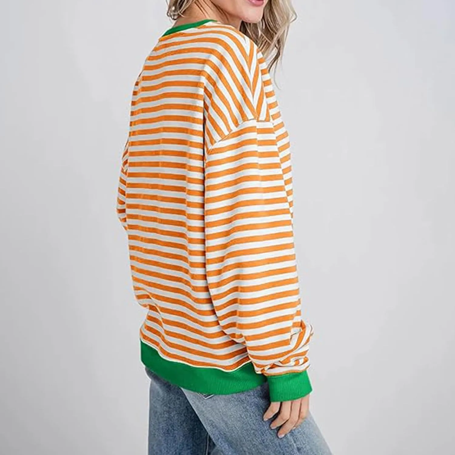 Womens Sweatshirt Casual Striped Color Block Crewneck Pullover Tops Fleece Soft Cofmy Clothes 2024 Fshion Fall Tops
