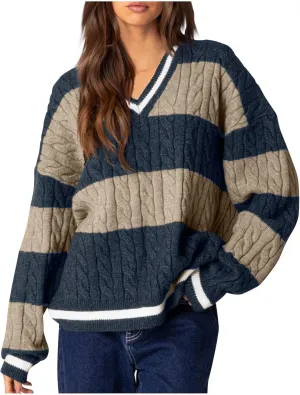 Women's Vintage Cable Knit Sweater Color Block V Neck Long Sleeve Pullover Tops Fall Casual Knit Jumper Sweatshirt