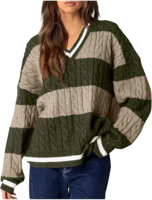 Women's Vintage Cable Knit Sweater Color Block V Neck Long Sleeve Pullover Tops Fall Casual Knit Jumper Sweatshirt